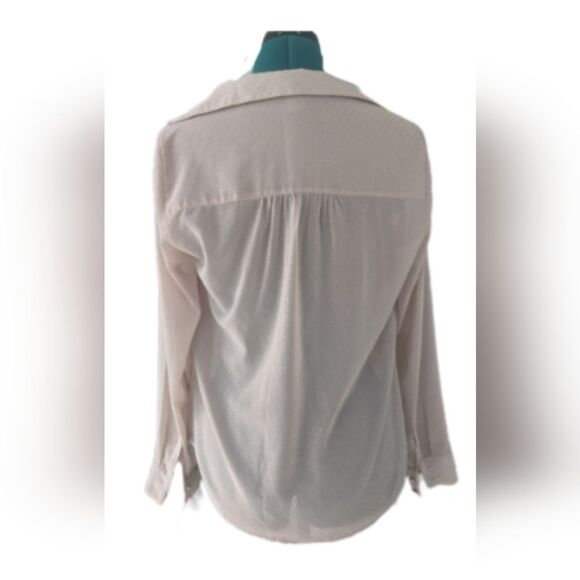 Vtg Cache Cream Brown Sheer Long-sleeve V-neck Blouse W/ Golden Dot Deta… - Picture 2 of 6